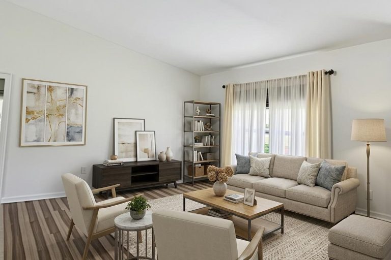 Living room with neutral furnishings and natural light, Florida home listing photo