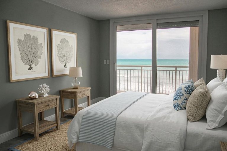 Bedroom with sliding doors to a balcony ocean view, Florida listing photography